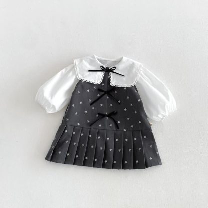 Toddler Baby Girl Solid Peter Pan Collar Bow Shirt & Bow Floral Sleeveless Dress - image 2