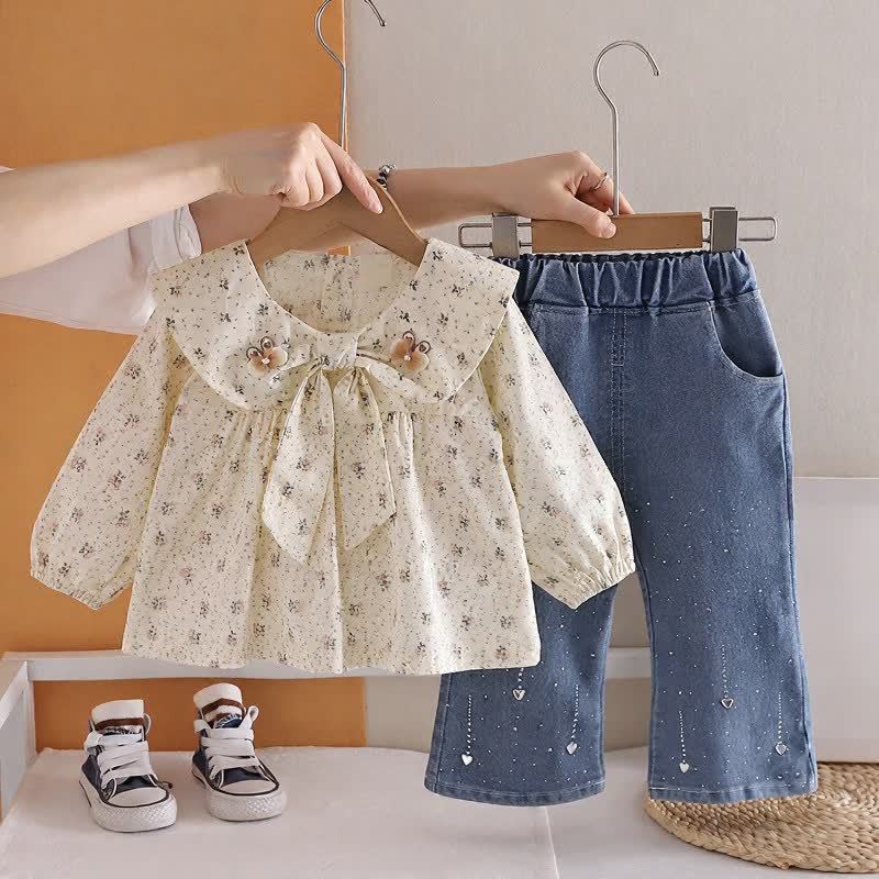 Toddler Girl Long Sleeve Floral Blouse and Denim Pants 2-piece Set - Beige - 4-5T - image 2