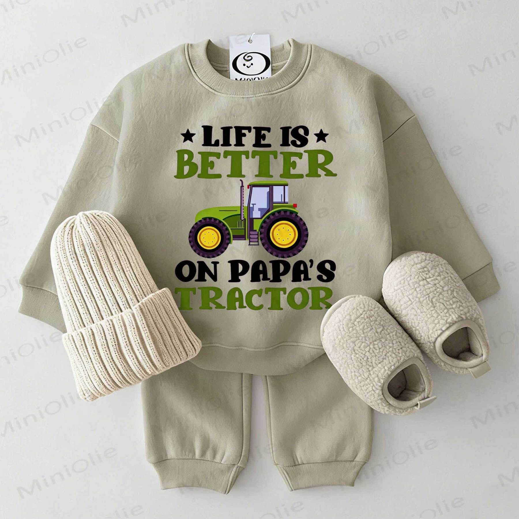 LIFE IS BETTER ON PAPA'S TRACTOR Baby Sweatshirt 2-piece Grey Green Set - Grey Green - 2-3T - image 1