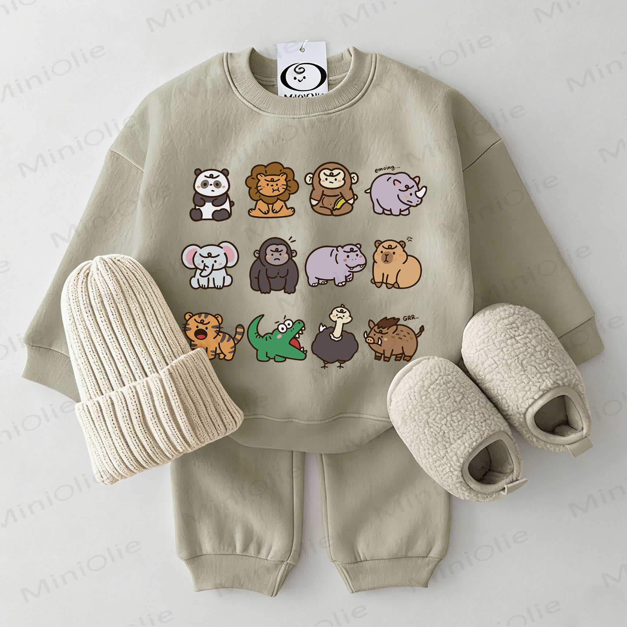 Baby Cartoon Animal Print Sweatshirt 2-piece Grey Green Set - Grey Green - 2-3T - image 1