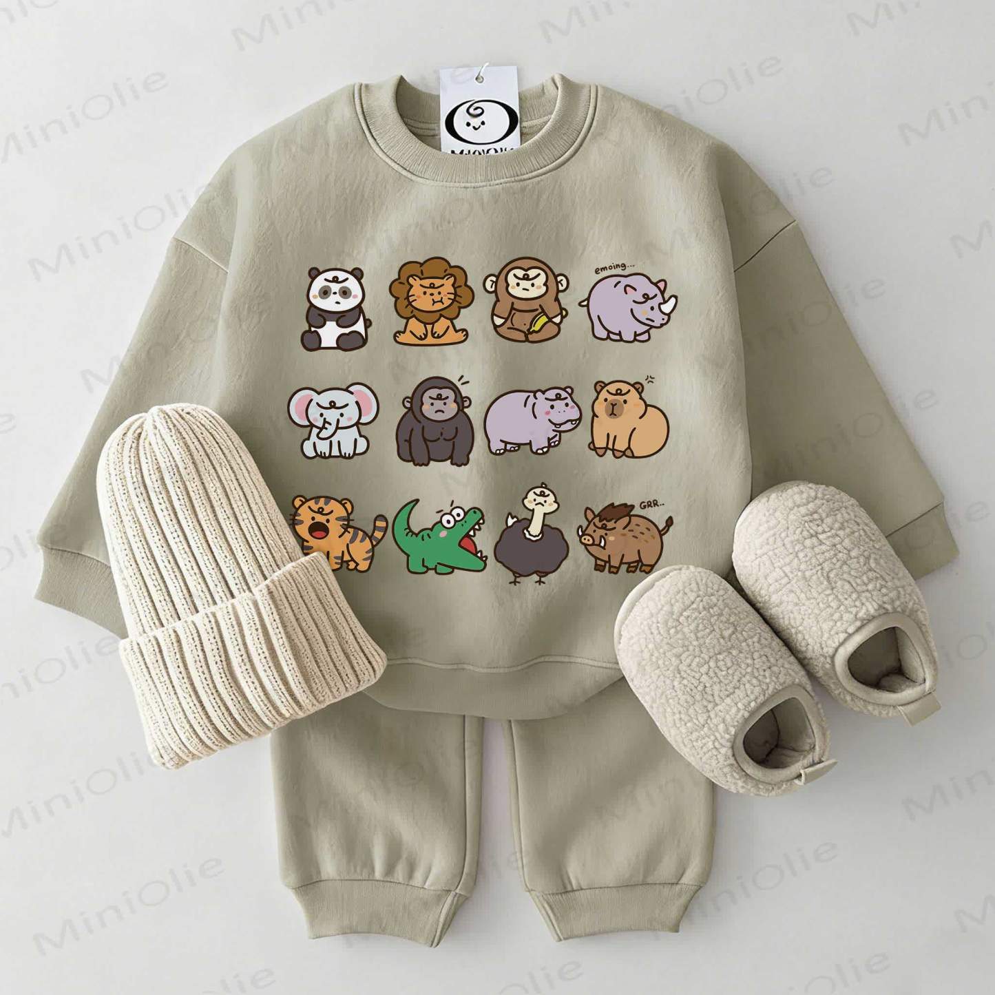 Baby Cartoon Animal Print Sweatshirt 2-piece Grey Green Set - Grey Green - 2-3T - image 1