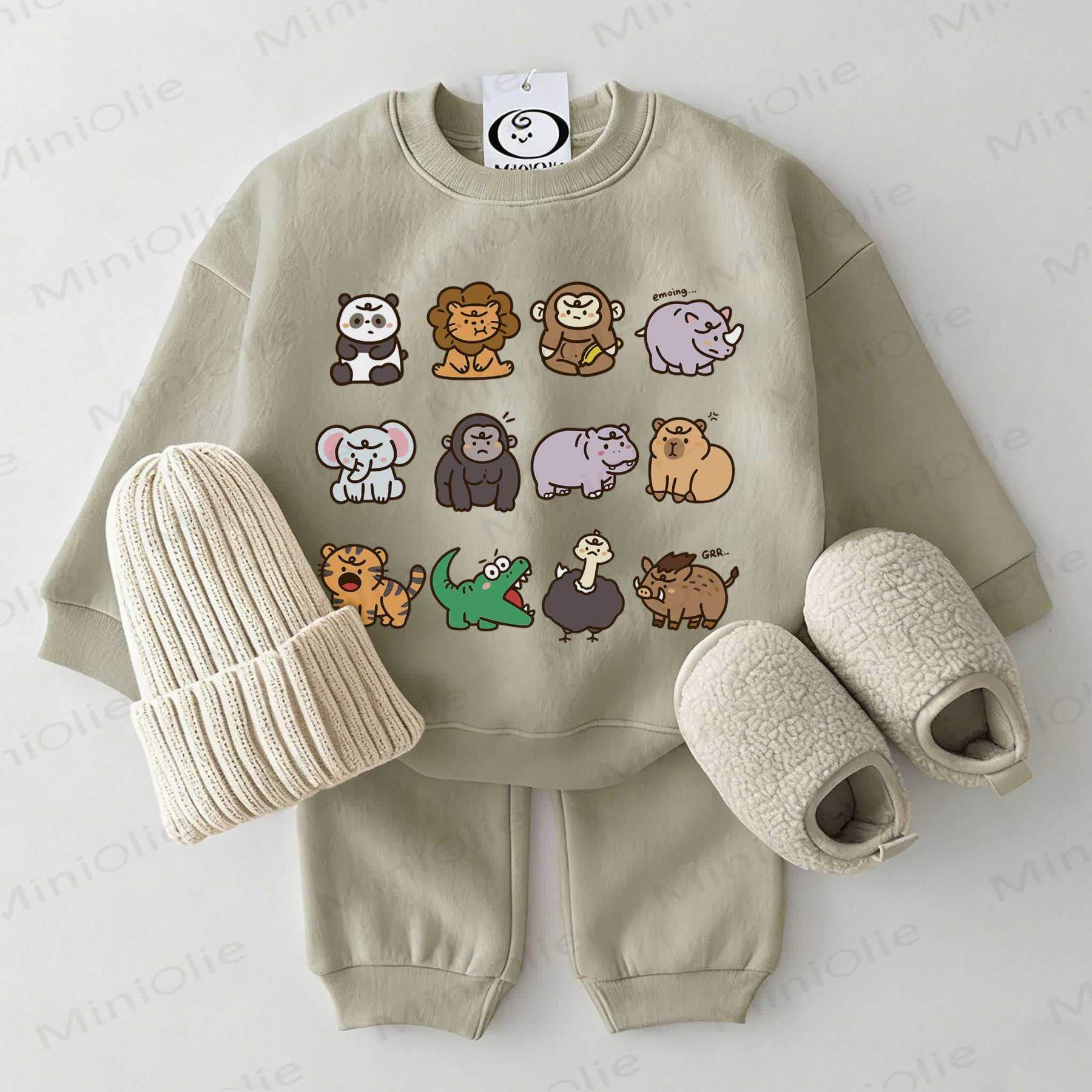 Baby Cartoon Animal Print Sweatshirt 2-piece Grey Green Set - Grey Green - 2-3T - image 1