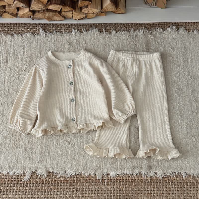 Baby Toddler Textured Ruffle Trim Cardigan and Pants Set - Beige - 3-4T - image 2