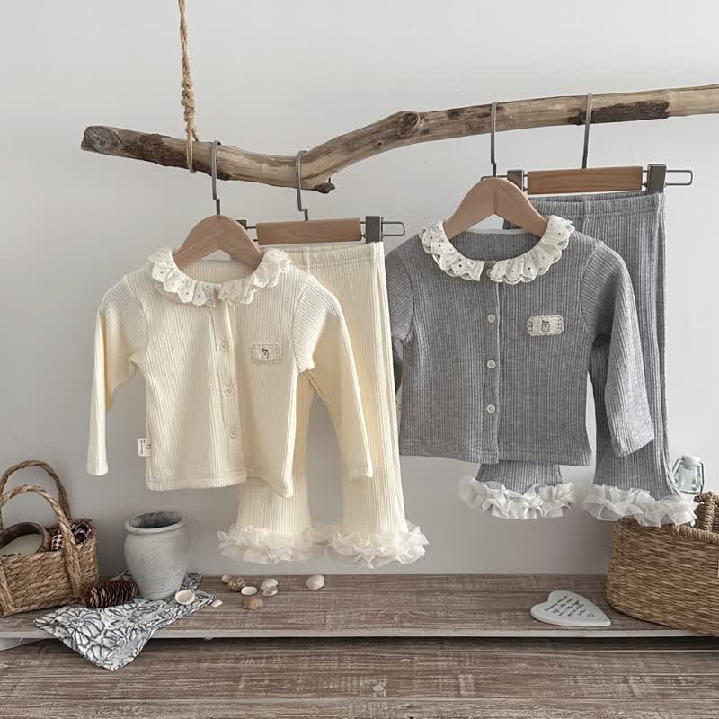Baby Toddler Girl Ribbed Ruffle Collar Top and Flare Pants Set - image 1