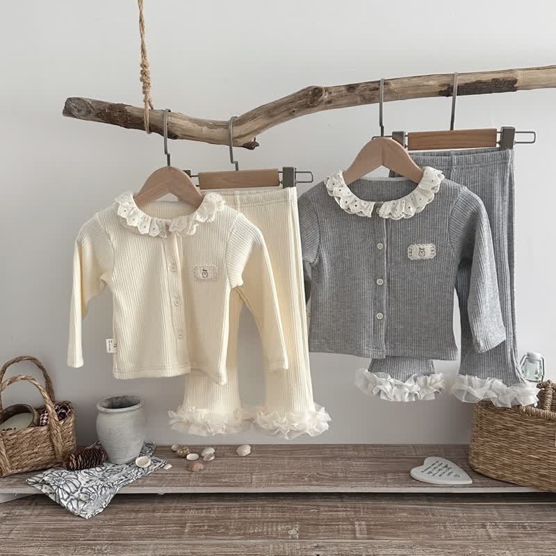 Baby Toddler Girl Ribbed Ruffle Collar Top and Flare Pants Set - image 1