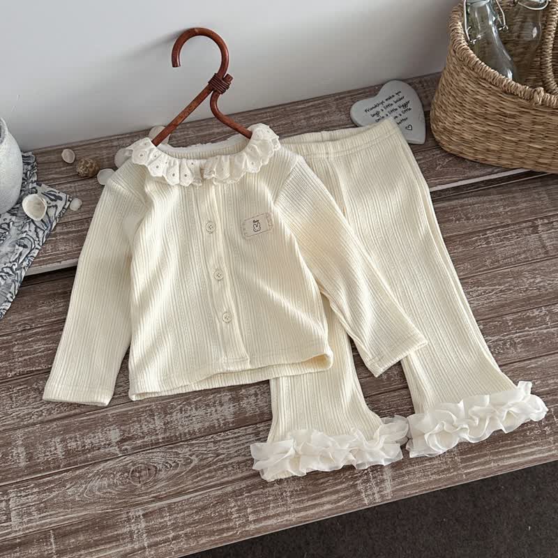 Baby Toddler Girl Ribbed Ruffle Collar Top and Flare Pants Set - Beige - 3-4T - image 2
