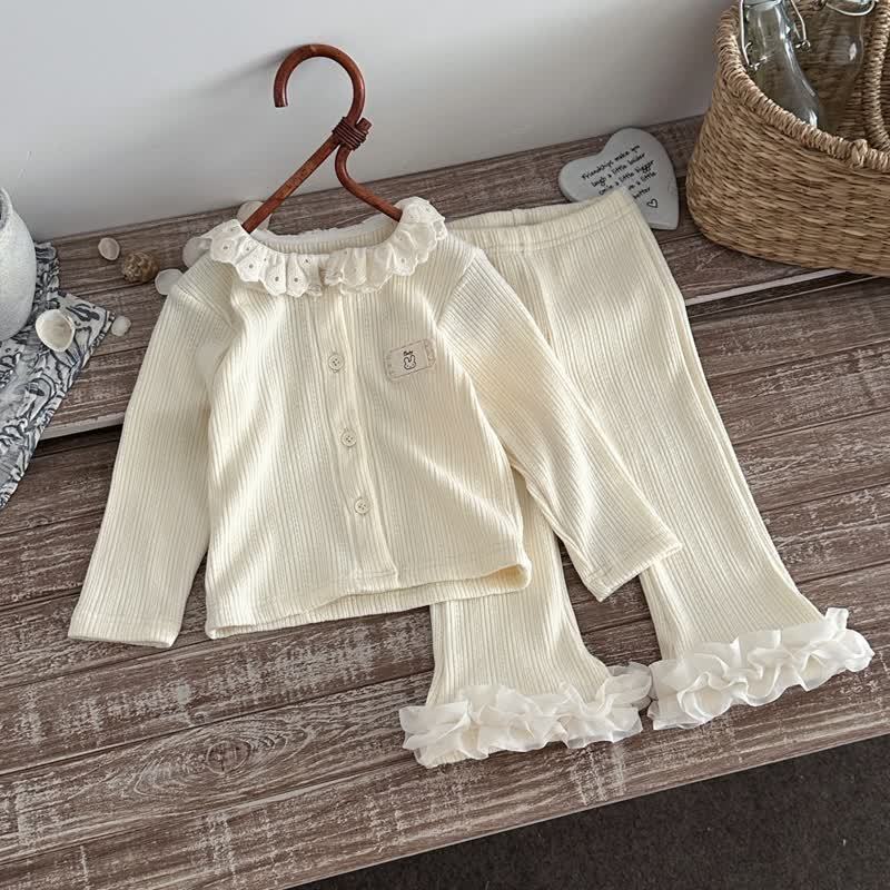 Baby Toddler Girl Ribbed Ruffle Collar Top and Flare Pants Set - Beige - 3-4T - image 2