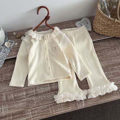 Baby Toddler Girl Ribbed Ruffle Collar Top and Flare Pants Set - Beige - 3-4T - image 2