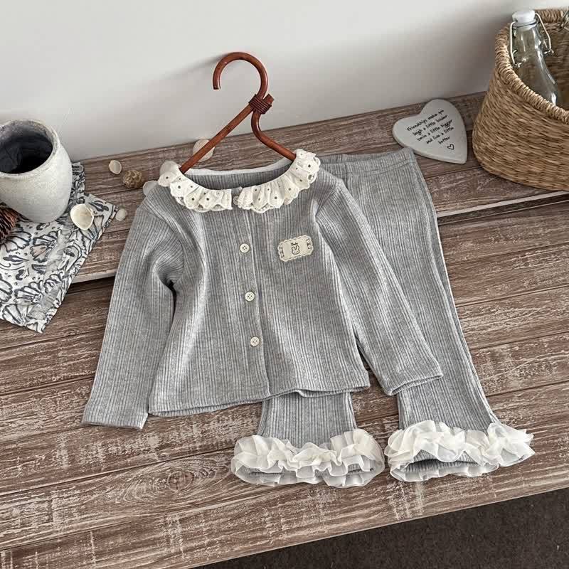 Baby Toddler Girl Ribbed Ruffle Collar Top and Flare Pants Set - Gray - 3-4T - image 3