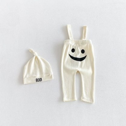 Baby Solid Color Ribbed Top or Halloween Themed Overalls with Hat - White Overalls - 18-24M - image 2