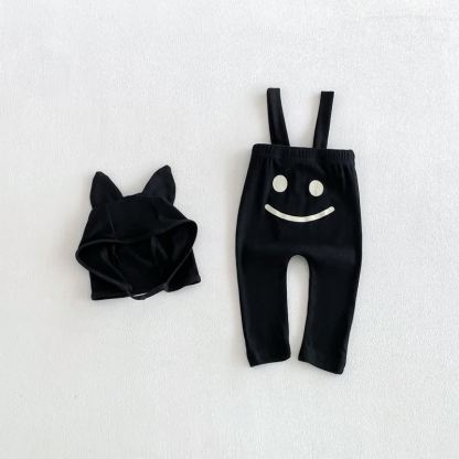 Baby Solid Color Ribbed Top or Halloween Themed Overalls with Hat - Black Overalls - 18-24M - image 3