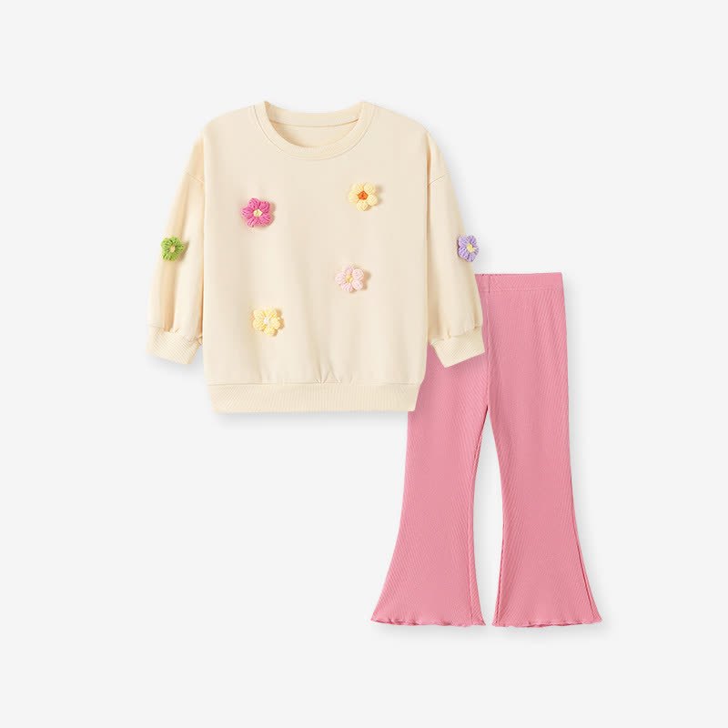 Toddler Girl Floral Applique Sweatshirt and Flare Pants Set - Beige - 7Y - image 2