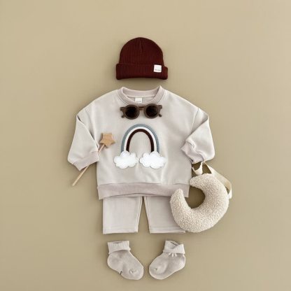 Baby Rainbow Cloud Applique Sweatshirt and Pants Set - Beige - 4Y - image 3