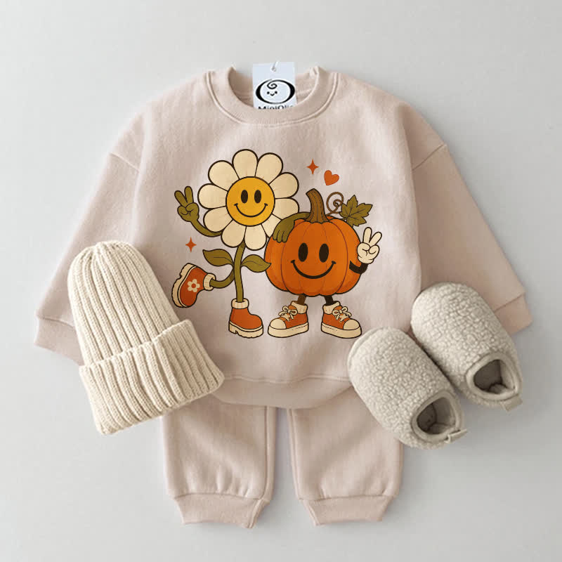 Baby Smiling Pumpkin and Flower Beige Sweatshirt 2-piece Set - Beige - 2-3T - image 1