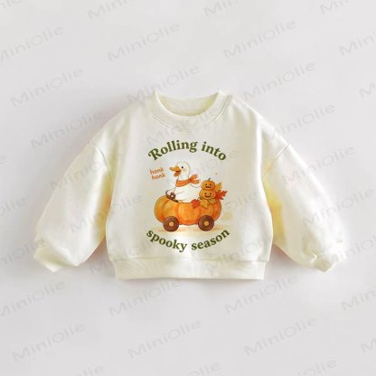 ROLLING INTO SPOOKY SEASON Baby Toddler Pumpkin Cream Sweatshirt - Cream - 3-5T - image 1