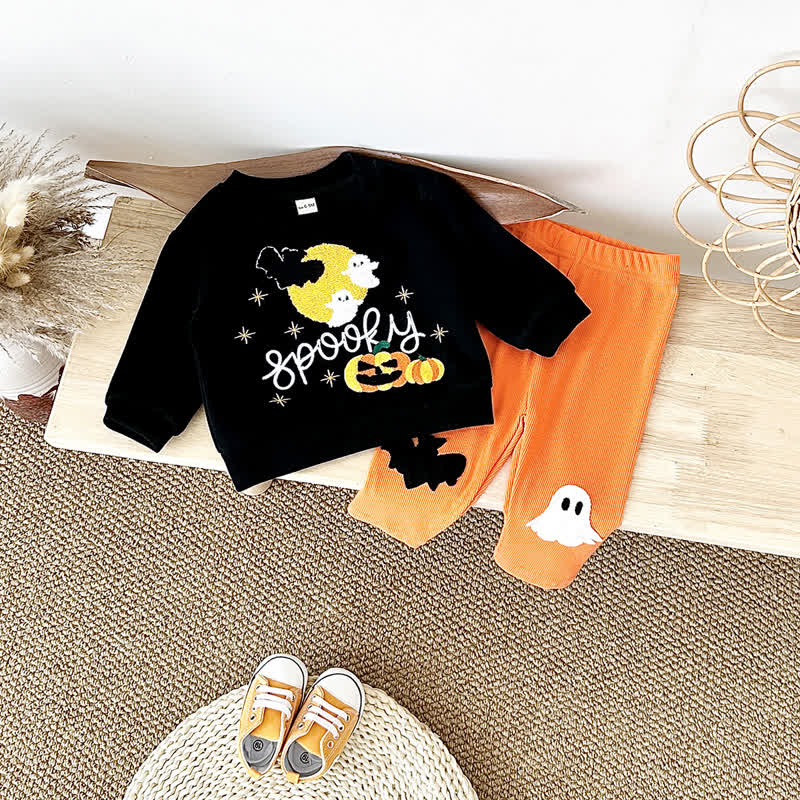 SPOOKY Baby Halloween Black Sweatshirt and Orange Pants Set - image 1