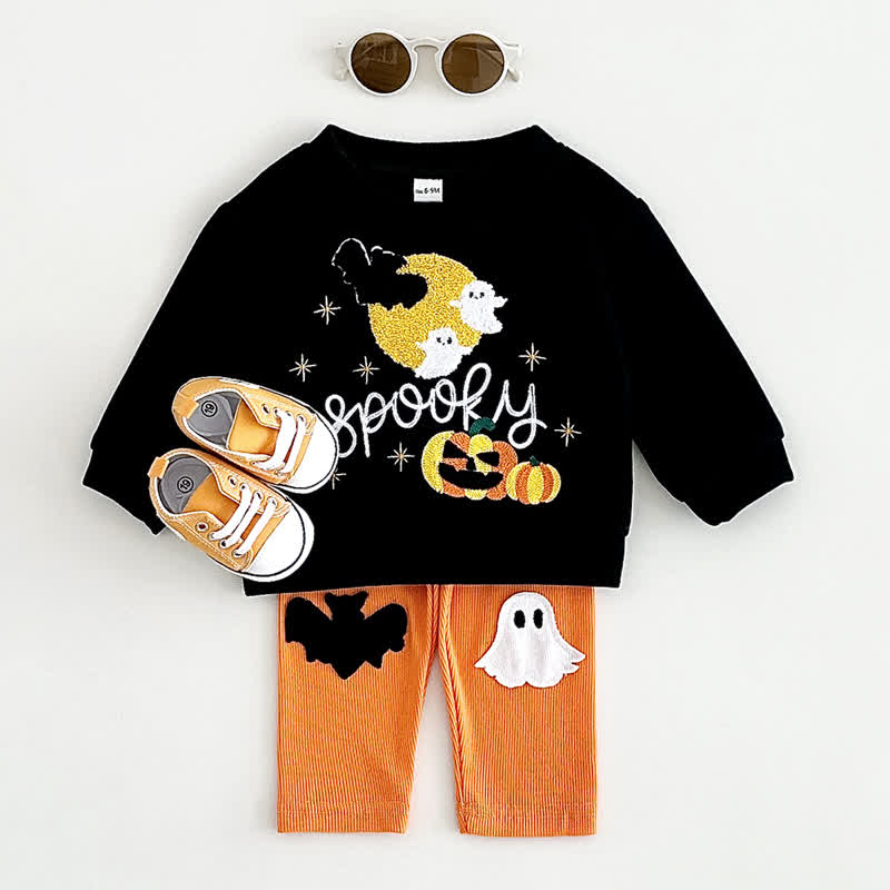 SPOOKY Baby Halloween Black Sweatshirt and Orange Pants Set - Black - 2-3Y - image 2