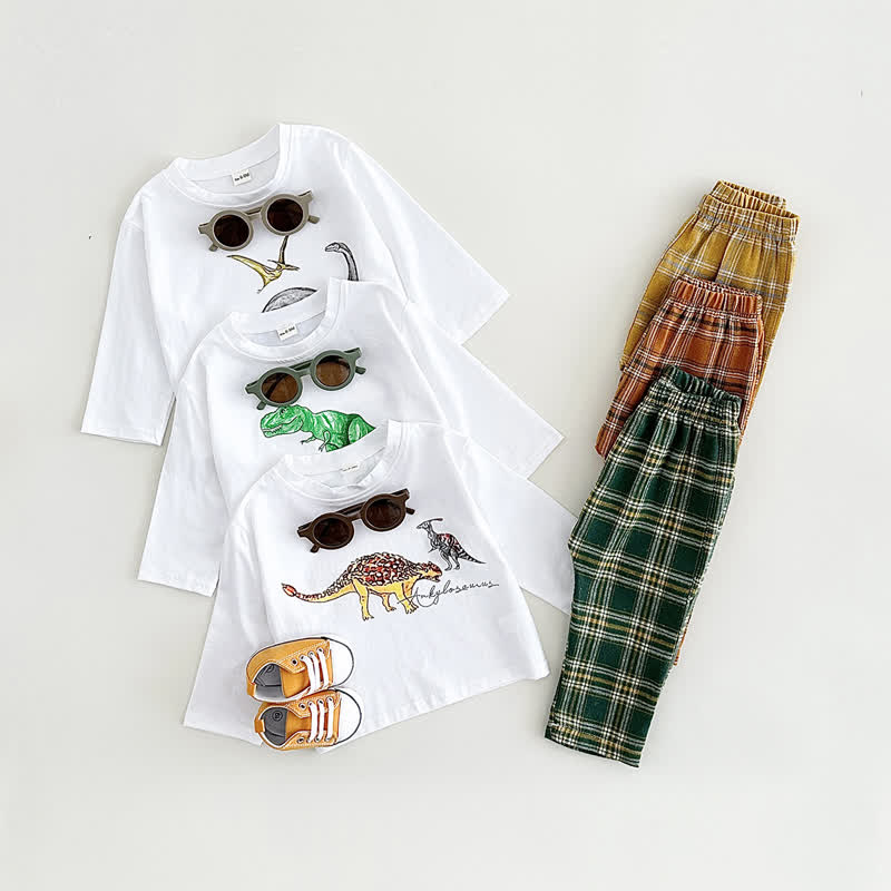 Baby Toddler Dino Print White Tee and Plaid Pants Set - image 1