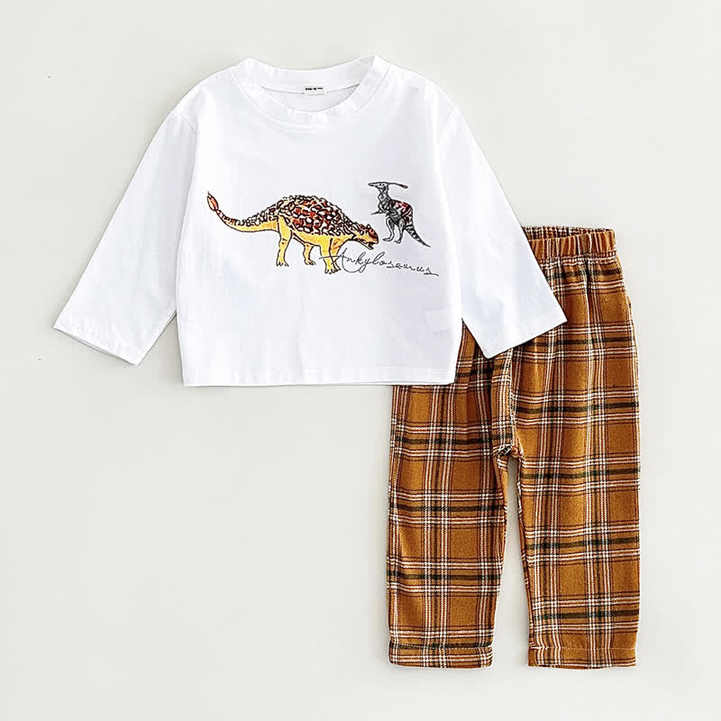 Baby Toddler Dino Print White Tee and Plaid Pants Set - Orange - 2-3Y - image 2