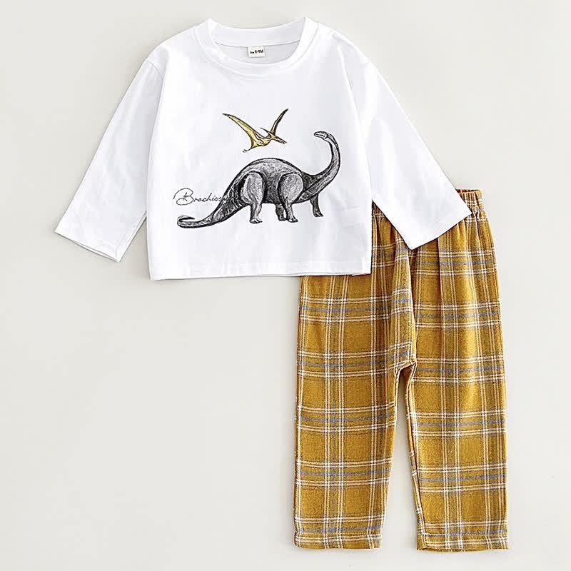 Baby Toddler Dino Print White Tee and Plaid Pants Set - Gray - 2-3Y - image 3