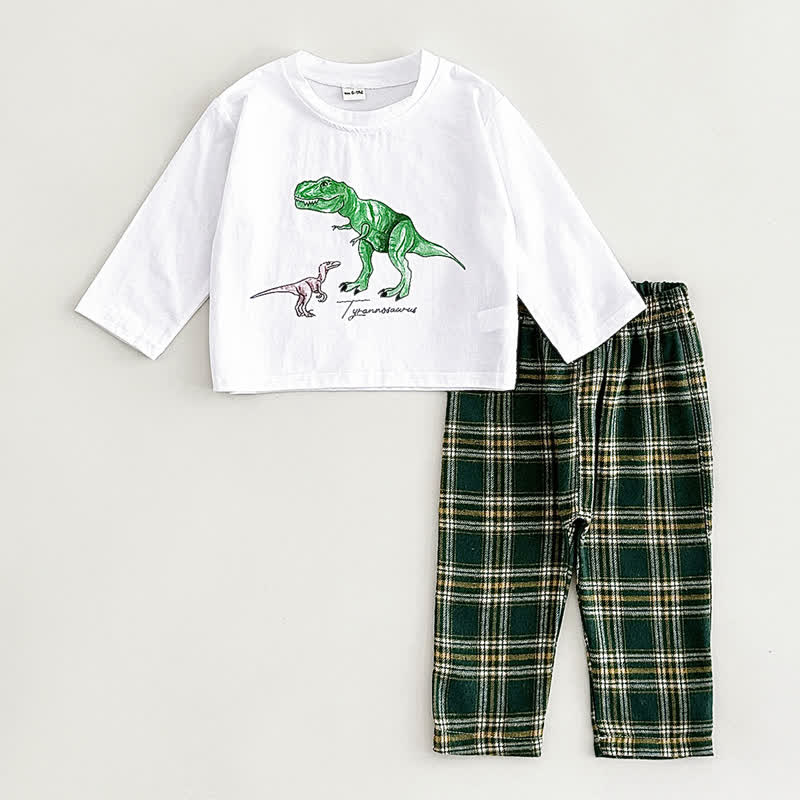 Baby Toddler Dino Print White Tee and Plaid Pants Set - Green - 2-3Y - image 4