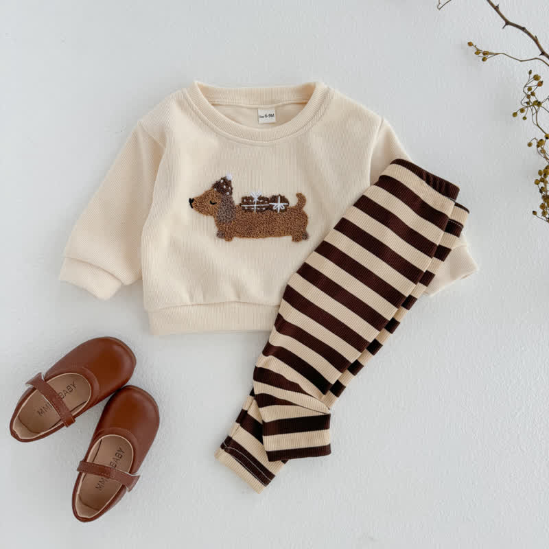 Baby Toddler Daschund Applique Sweatshirt and Striped Leggings Set - image 1