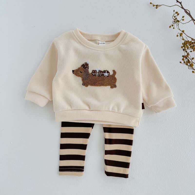 Baby Toddler Daschund Applique Sweatshirt and Striped Leggings Set - Beige - 2-3Y - image 2