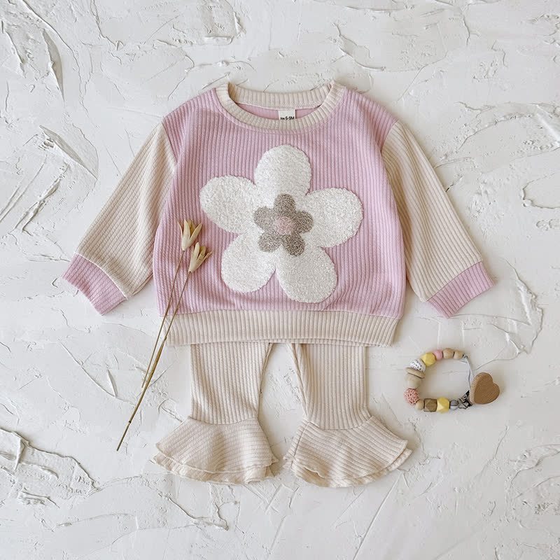Baby Girl Pink Floral Applique Sweatshirt and Flare Pants Set - Pink - 2-3T - image 1