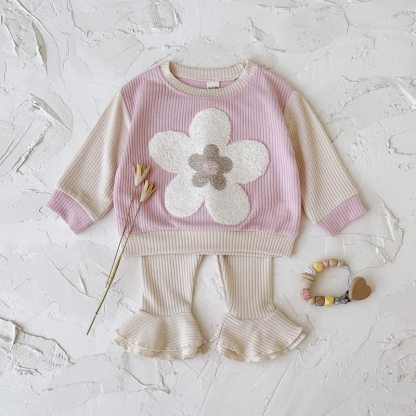 Baby Girl Pink Floral Applique Sweatshirt and Flare Pants Set - Pink - 2-3T - image 1