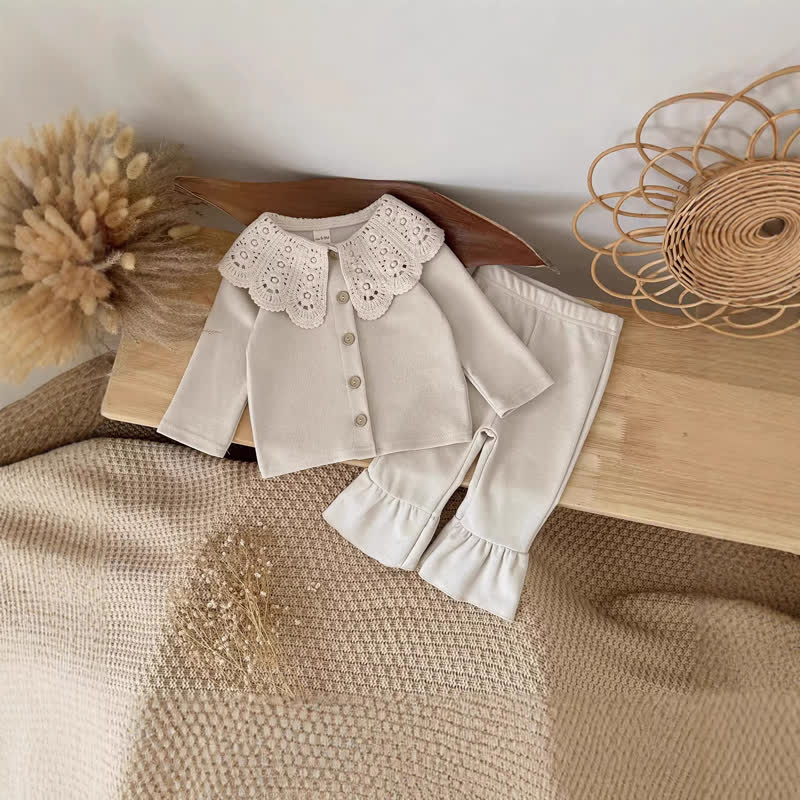 Baby Beige Vintage Lace Collar Top and Pants Set - image 1
