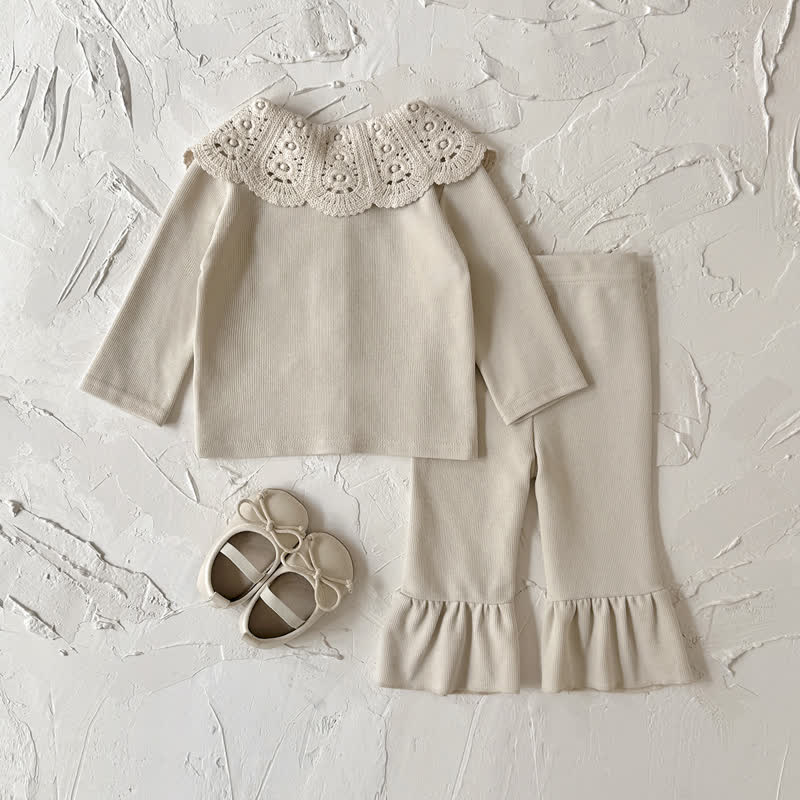 Baby Beige Vintage Lace Collar Top and Pants Set - image 3