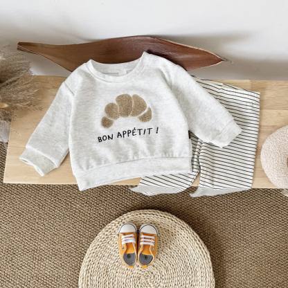 BON APPÉTIT! Baby Gray Croissant Sweatshirt and Striped Leggings Set - Gray - 2-3Y - image 2