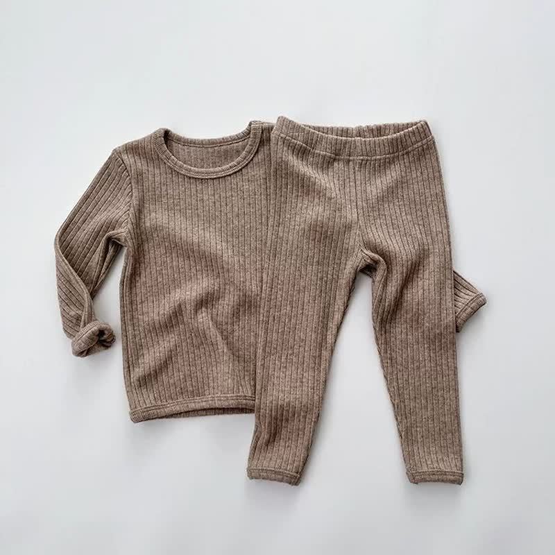 Toddler Baby Solid Color Ribbed Long Sleeve Top and Pants Pyjama Set - Brown - 6-7T - image 3