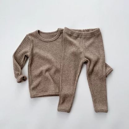 Toddler Baby Solid Color Ribbed Long Sleeve Top and Pants Pyjama Set - Brown - 6-7T - image 3