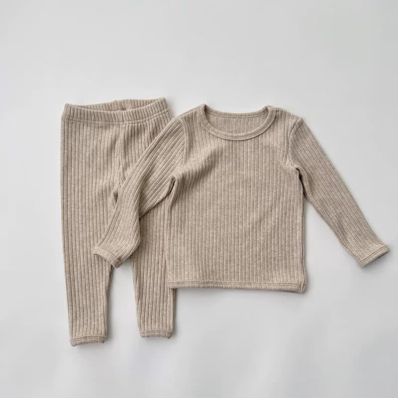 Toddler Baby Solid Color Ribbed Long Sleeve Top and Pants Pyjama Set - Beige - 6-7T - image 2