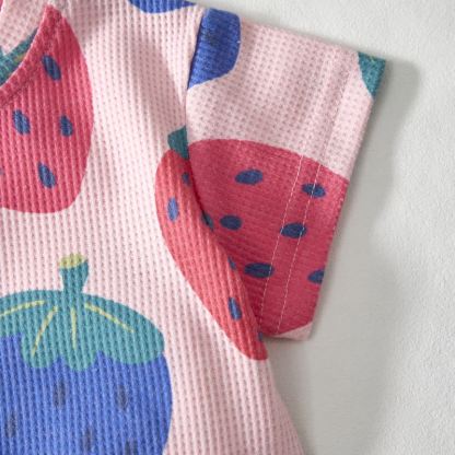 Baby Pink Strawberry Print Waffle Tee and Shorts 2-piece Set - image 5