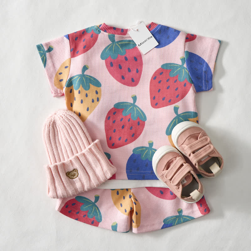 Baby Pink Strawberry Print Waffle Tee and Shorts 2-piece Set - image 3