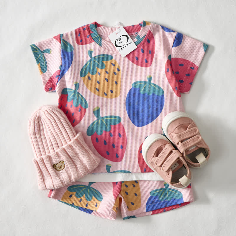 Baby Pink Strawberry Print Waffle Tee and Shorts 2-piece Set - image 2