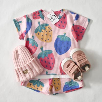 Baby Pink Strawberry Print Waffle Tee and Shorts 2-piece Set - image 2