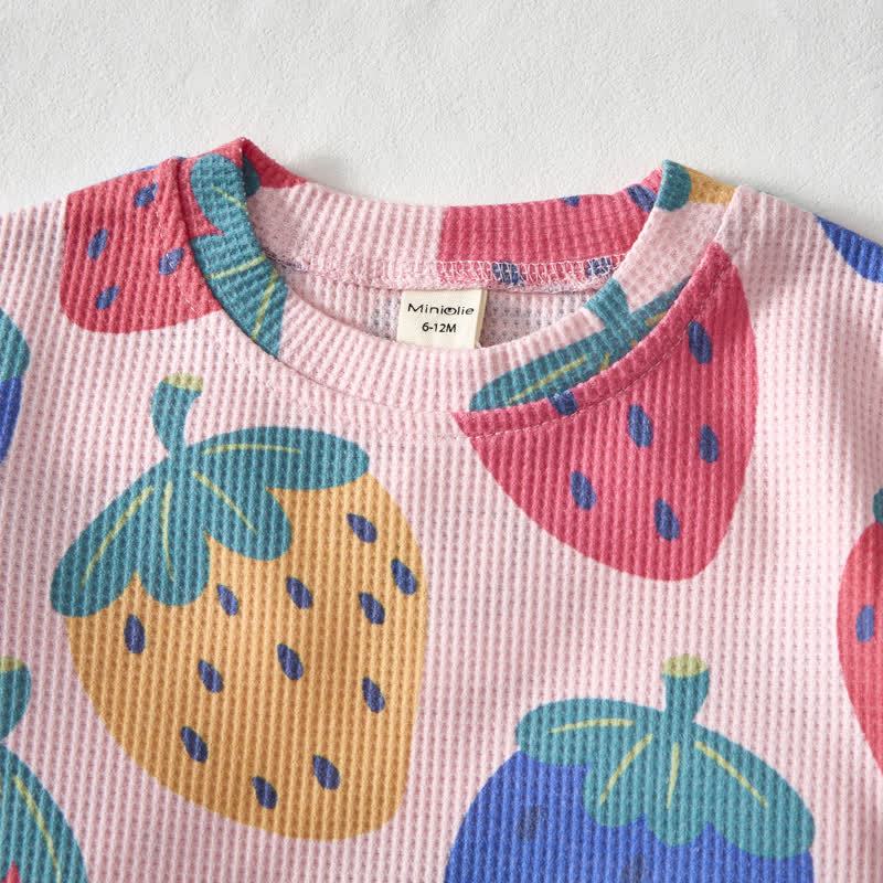 Baby Pink Strawberry Print Waffle Tee and Shorts 2-piece Set - image 4