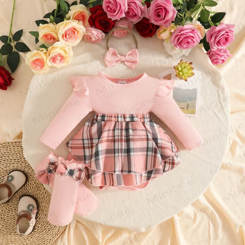 Baby Girl Plaid Skirt Bodysuit Headband Socks - Pink - 12-18M - image 2