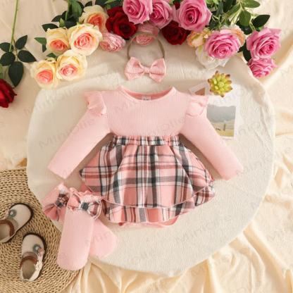 Baby Girl Plaid Skirt Bodysuit Headband Socks - Pink - 12-18M - image 2