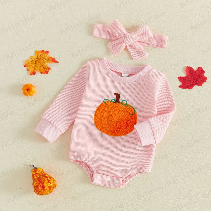 Baby Pink Pumpkin Waffle Bodysuit with Headband - image 2