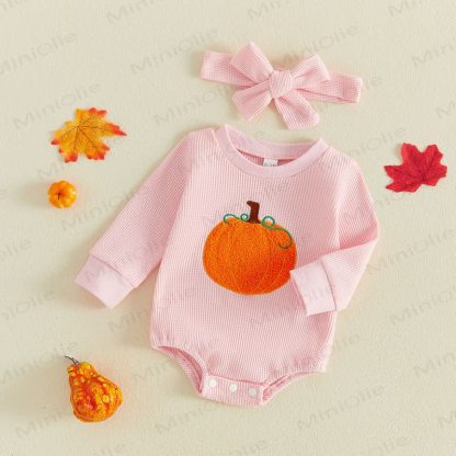 Baby Pink Pumpkin Waffle Bodysuit with Headband - image 2