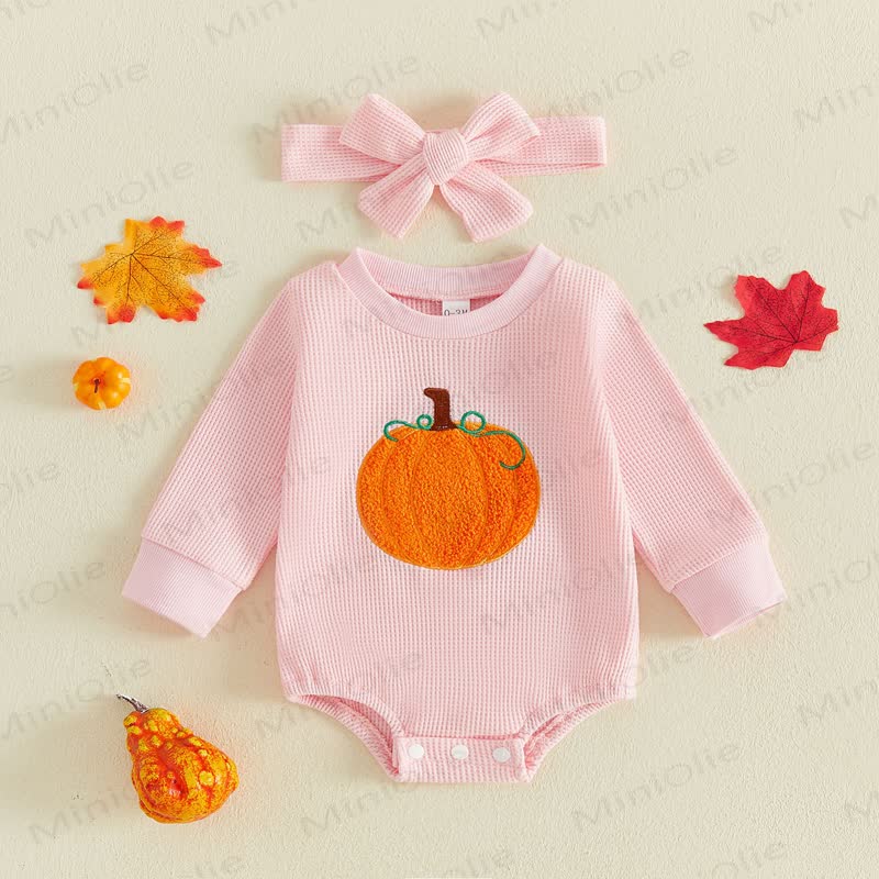 Baby Pink Pumpkin Waffle Bodysuit with Headband - Pink - 12-18M - image 1