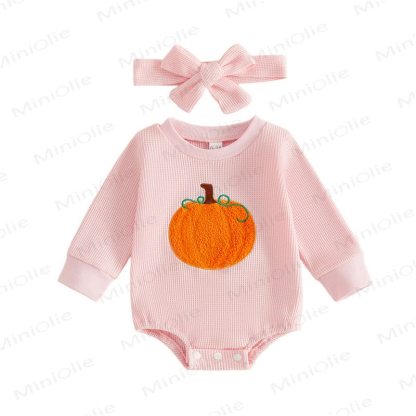 Baby Pink Pumpkin Waffle Bodysuit with Headband - image 5