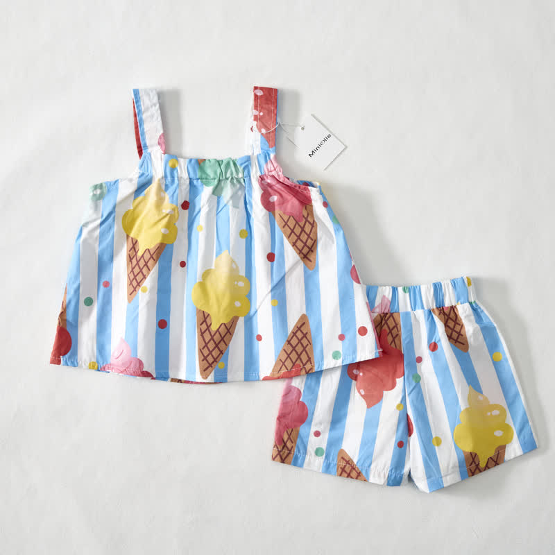 Baby Toddler Ice Cream White&Blue Striped Strap Top and Shorts 2-piece Set - image 3