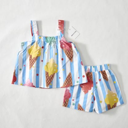Baby Toddler Ice Cream White&Blue Striped Strap Top and Shorts 2-piece Set - image 3