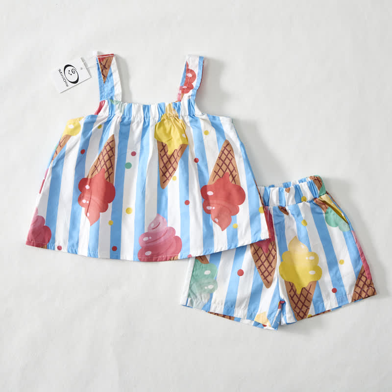 Baby Toddler Ice Cream White&Blue Striped Strap Top and Shorts 2-piece Set - image 2