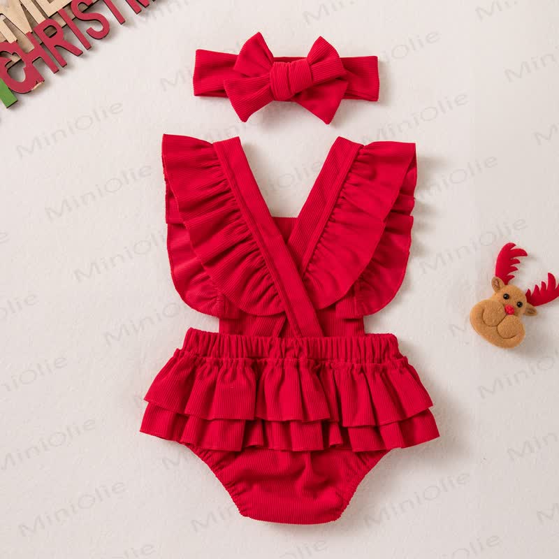 Baby Christmas Reindeer Ruffle Bodysuit with Headband - image 2